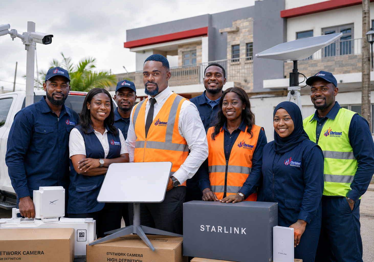 Équipe d'ingénieurs et techniciens CHRISNET SERVICES avec antenne Starlink et caméras réseau, déploiement IT sur site à Kalemie, RDC