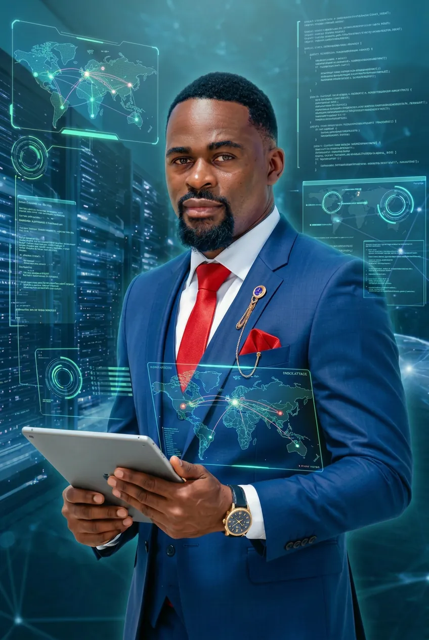 Portrait professionnel CHRISNET SERVICES — expert ingénierie cyber sur fond de salle serveurs